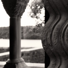 "Columns of Water" : Columns from the cloisters of St. Guilhem de Desert, near Montpellier, France were carved in the late 1200s to resemble water. The Hudson River flows by in the background at the Cloisters Museum, NY, September 2014.